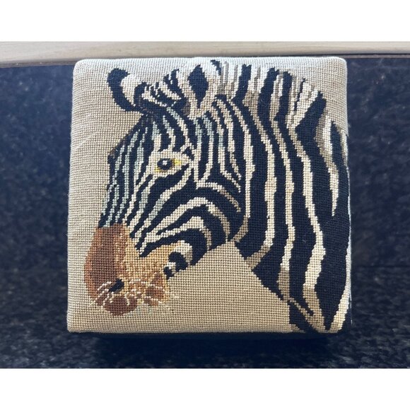Vtg Handmade Zebra Petit Pointe Black Satin Trinket Box Attached Lid 3 1/2" - Picture 1 of 8